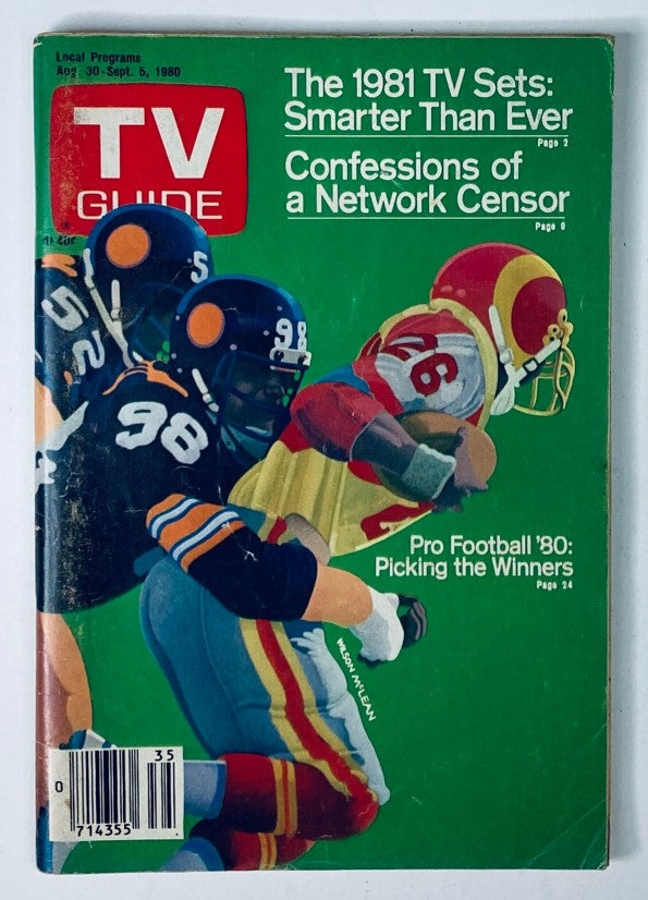 TV Guide Magazine cover from August 30, 1980 featuring the title 'Picking the Winners' with an illustration of football players showcasing Pro Football '80 highlights, ideal for collectors of vintage television publications.