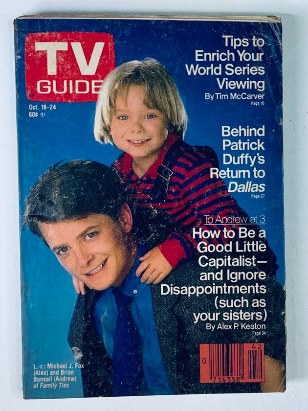 TV Guide Magazine October 18 1986 featuring Michael J. Fox and Brian Bonsall on the cover, showcasing vintage television culture of the 1980s.