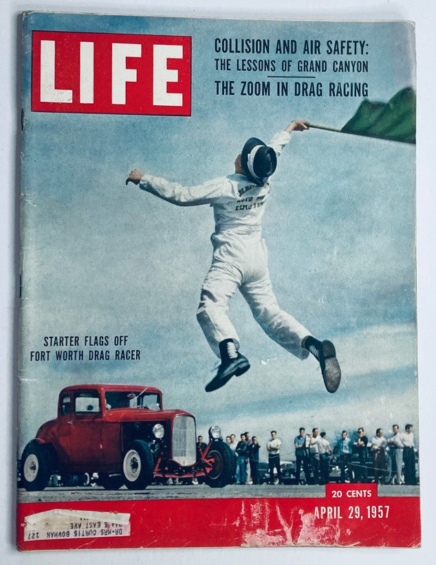 VTG Life Magazine April 29 1957 cover showcasing Fort Worth drag racing with a starter flag and a vintage car.