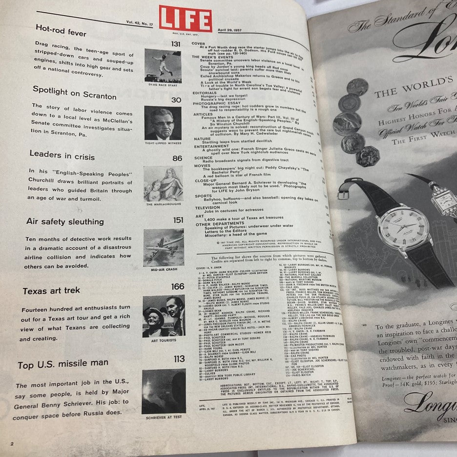 Contents page of the VTG Life Magazine April 29 1957 detailing various articles, including one on drag racing.
