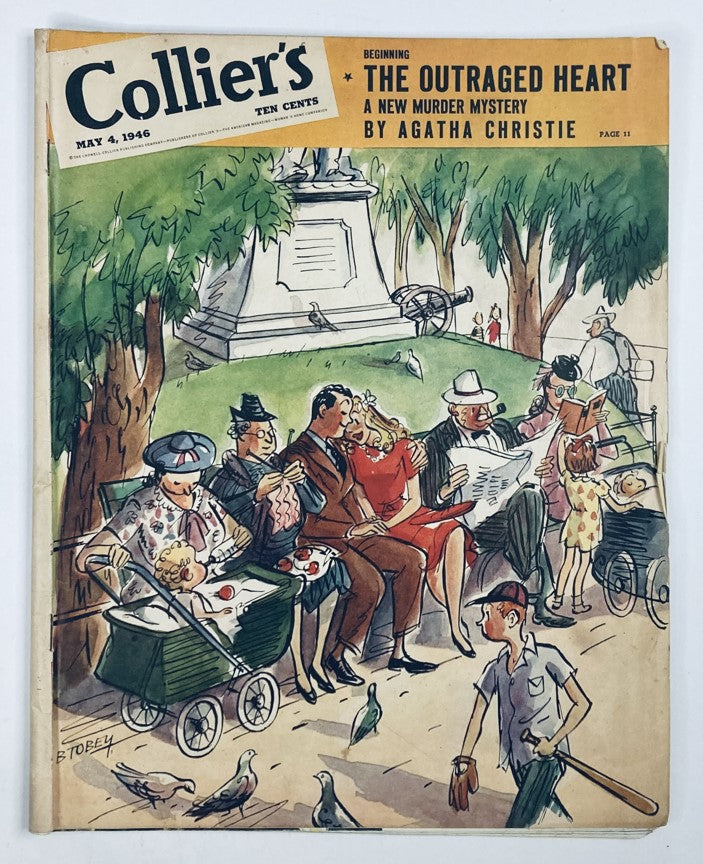 Cover of VTG Collier's Magazine May 4, 1946, featuring the article 'The Outraged Heart' by Agatha Christie, showcasing people in a park setting with classic 1940s illustrations.