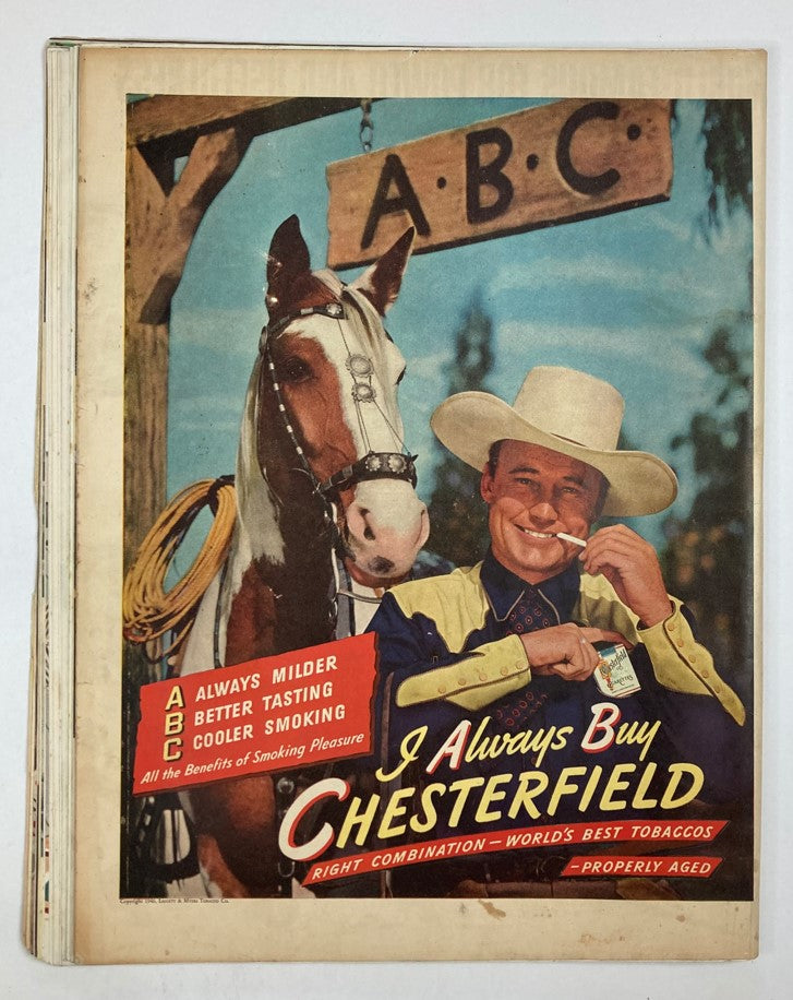 Back cover of VTG Collier's Magazine May 4, 1946, featuring a colorful advertisement for Chesterfield cigarettes with a cowboy and a horse, emphasizing the product's quality.