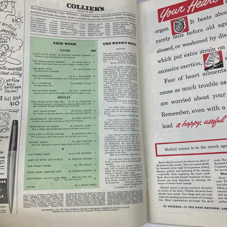 Inside page of VTG Collier's Magazine January 25 1947 showing the contents section detailing articles and fiction for Vol 119 No. 4.