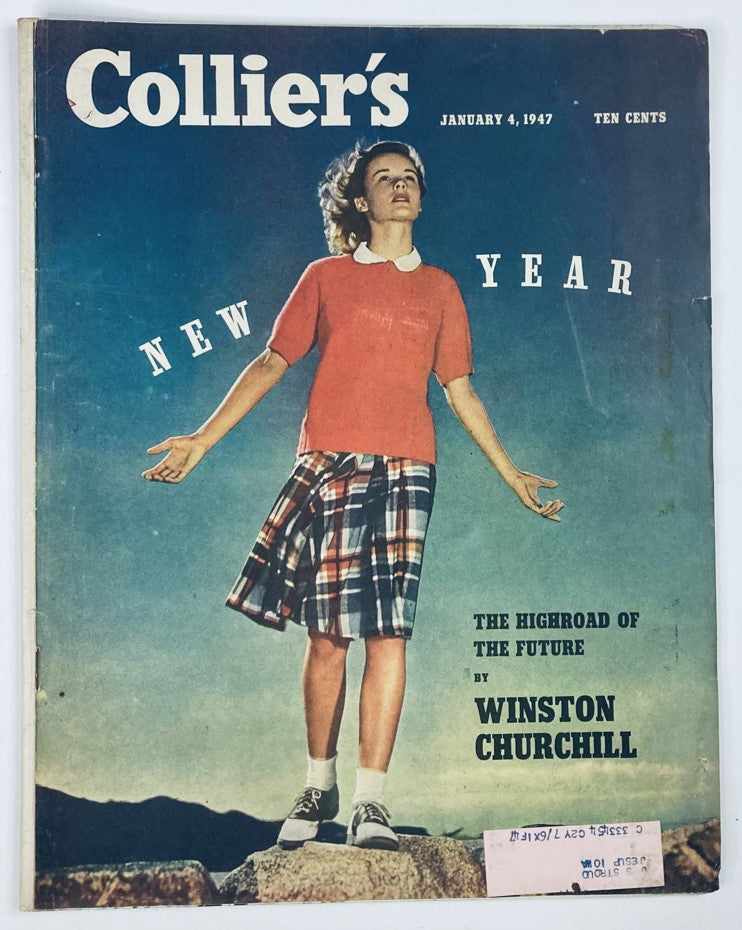 Cover of VTG Collier's Magazine January 4 1947 Vol 119 No. 1 The Highroad of The Future featuring a girl with arms outstretched against a blue sky.