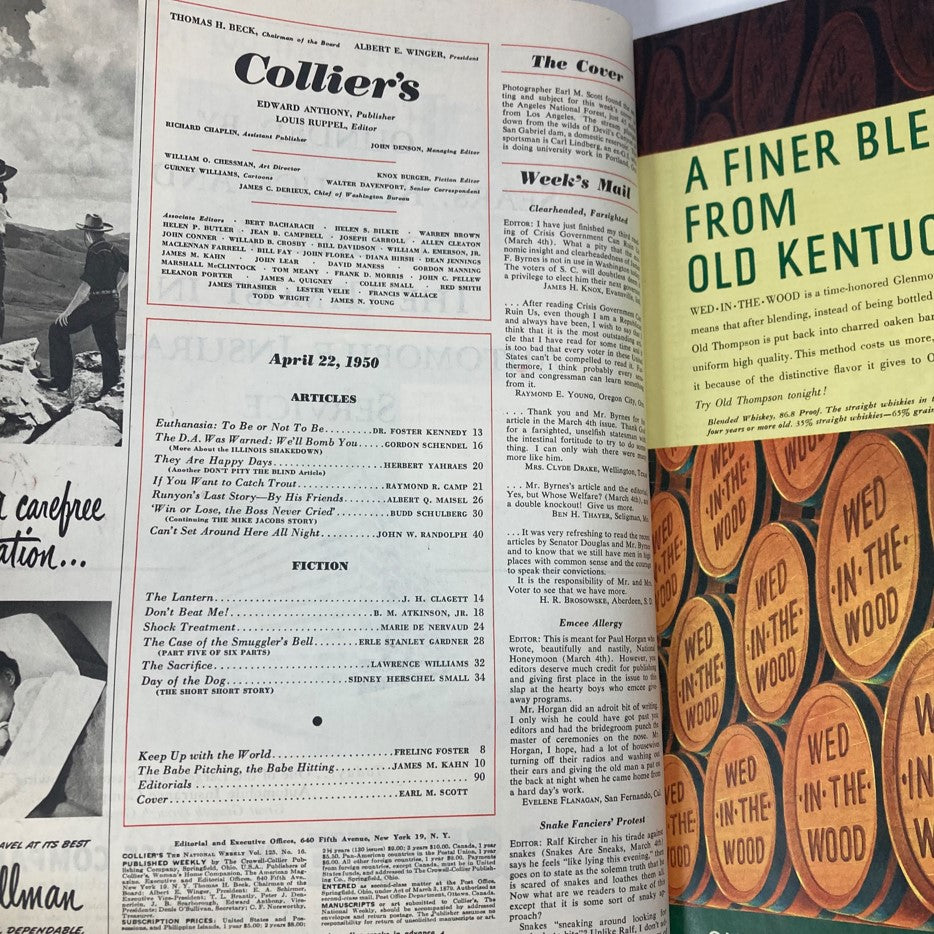 Vintage Collier's Magazine from April 22, 1950, featuring the Table of Contents with articles including 'A Famous Doctor Speaks Up' and notable mentions of the period's cultural context.