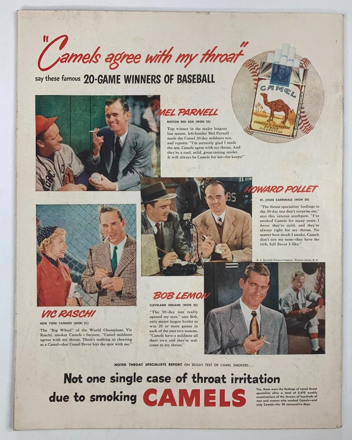 Advertisement for Camel cigarettes in Collier's Magazine, showcasing baseball stars Mel Parnell, Howard Pollock, Vic Raschi, and Bob Lemon, promoting the brand's throat comfort benefits.