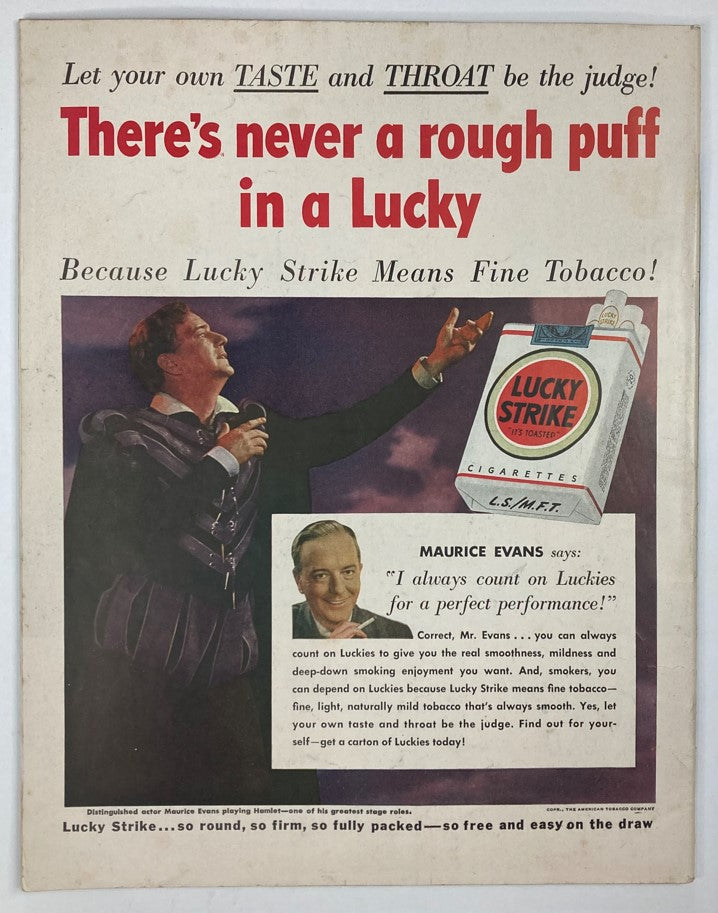 Vintage advertisement for Lucky Strike cigarettes featuring actor Maurice Evans promoting the brand with the phrase 'There's never a rough puff in a Lucky'. The ad is from the May 13, 1950 edition of VTG Collier's Magazine, Volume 125, No. 10 titled 'Promise of Political Lure?'. The image showcases the classic design of the advertisement highlighting the product's quality.