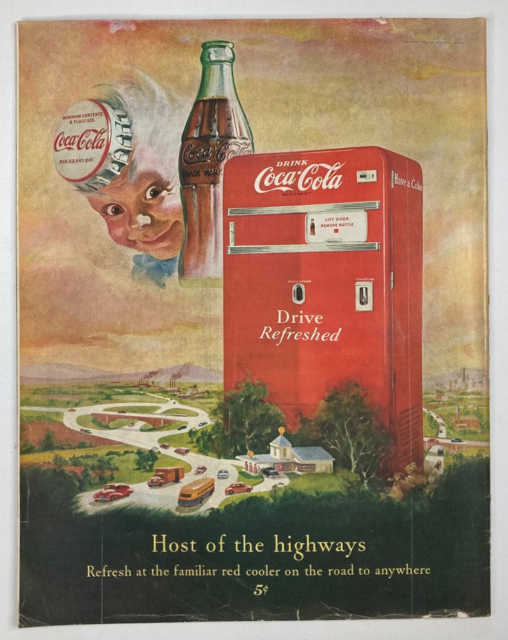 Back cover of VTG Collier's Magazine April 8 1950 Vol 125 No. 14, advertising Coca-Cola with a vintage illustration of a cooler and playful character, connecting to the magazine's theme of transportation and road culture.