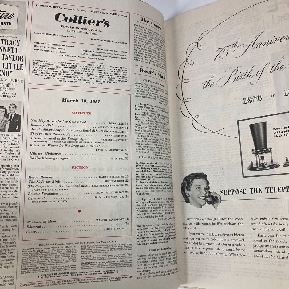 Interior page of VTG Collier's Magazine March 10 1951 Vol 127 No. 10 showing the table of contents and list of articles.
