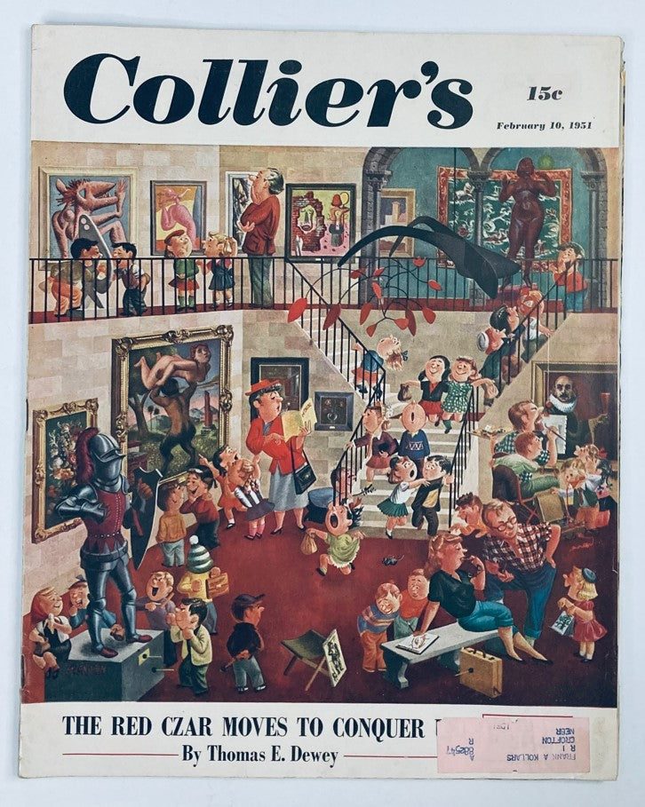 Cover of VTG Collier's Magazine from February 10, 1951, Volume 127, Number 6, featuring the article 'The Red Czar Moves To Conquer' with vibrant illustrations of visitors in an art gallery.