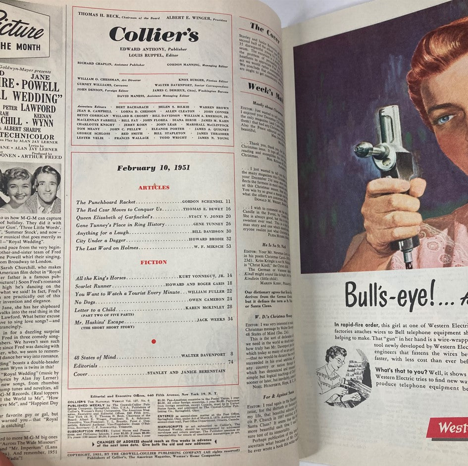 Interior page of VTG Collier's Magazine from February 10, 1951, Volume 127, Number 6, showcasing the table of contents and notable articles, including 'The Red Czar Moves To Conquer'.