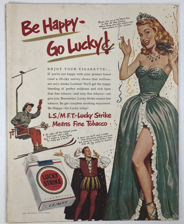 Back cover of VTG Collier's Magazine from February 10, 1951, Volume 127, Number 6, featuring a colorful advertisement for Lucky Strike cigarettes with a glamorous model.