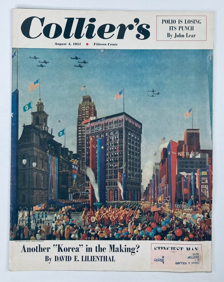 Cover of VTG Collier's Magazine August 4 1951 Vol 128 No. 5 featuring a vibrant illustration of a parade with flags and a cityscape, headlined 'Napalm - Canned Hell'.