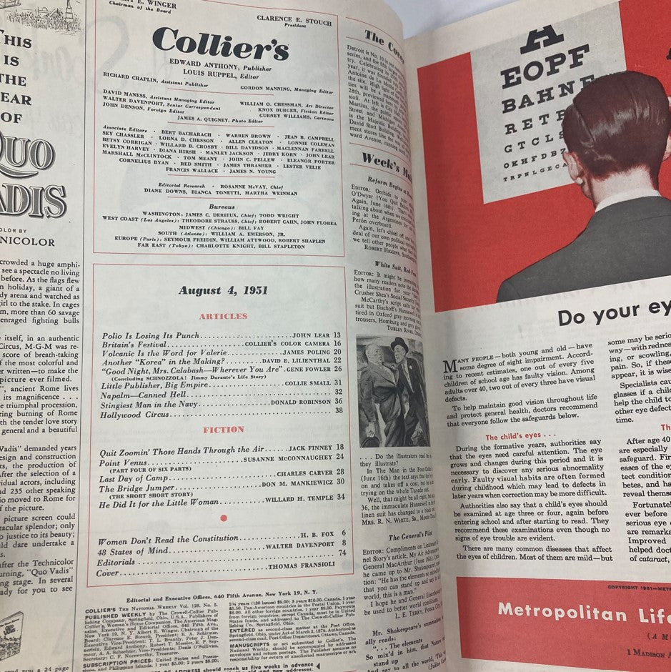 Interior page of VTG Collier's Magazine August 4 1951 Vol 128 No. 5 displaying the table of contents and articles including 'Polio is Losing Its Punch' and 'Napalm - Canned Hell'.