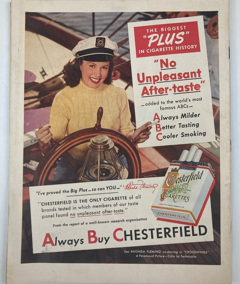 Advertisement page from VTG Collier's Magazine August 4 1951 Vol 128 No. 5 showcasing a Chesterfield cigarette ad with a smiling woman in a captain's hat, promoting its benefits.