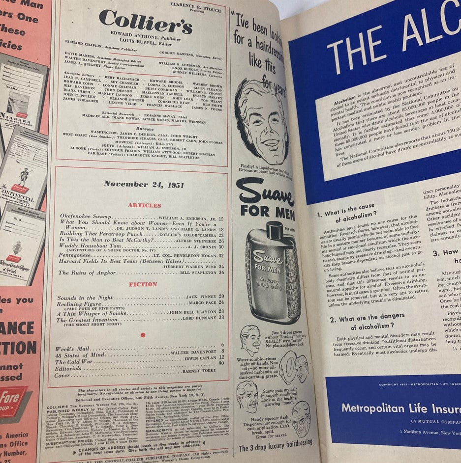 Interior page of the November 24, 1951, issue of Collier's Magazine, highlighting article listings and advertisements, providing insights into the content of this vintage publication.
