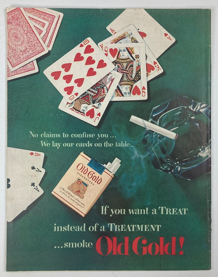 Cover of vintage advertisement for Old Gold cigarettes featured in magazines, showcasing playing cards and a cigarette with the phrase 'If you want a TREAT instead of a TREATMENT... smoke Old Gold!'