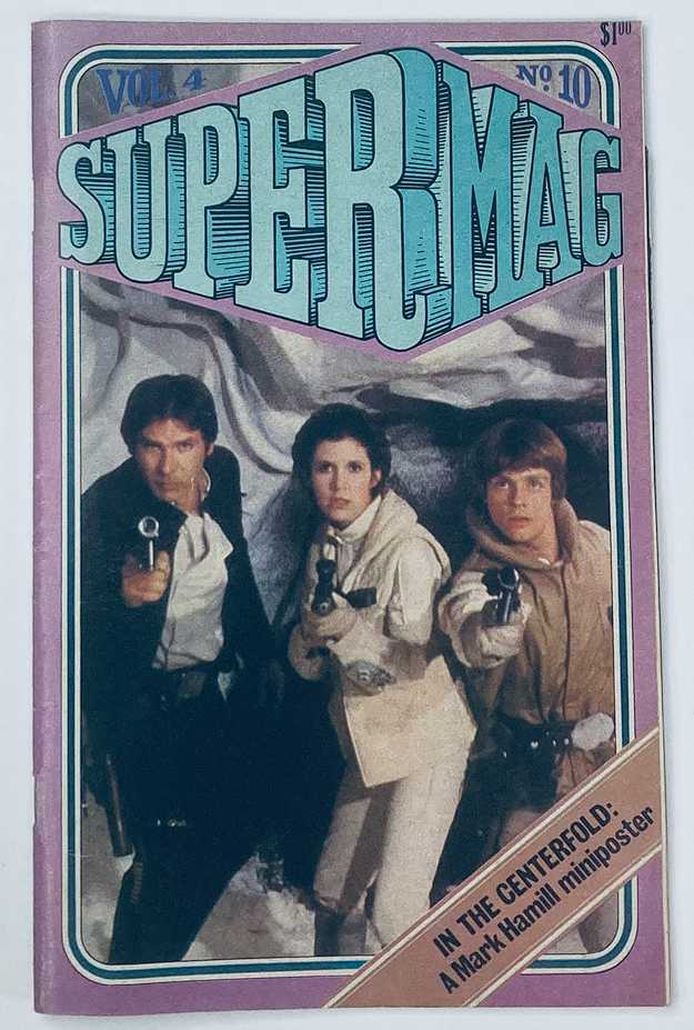 SuperMag Magazine Vol 4 No. 10 featuring a cover illustration of three iconic characters, reminiscent of the Star Wars saga, including a Mark Hamill mini-poster in the centerfold. Collectible vintage magazine from the 1970s.