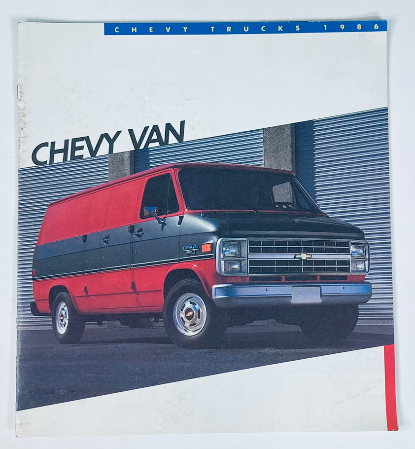 1986 Chevrolet Trucks Van Dealer Showroom Sales Brochure Guide Catalog featuring a Chevy Van in a striking red and gray color, showcased in an industrial setting.
