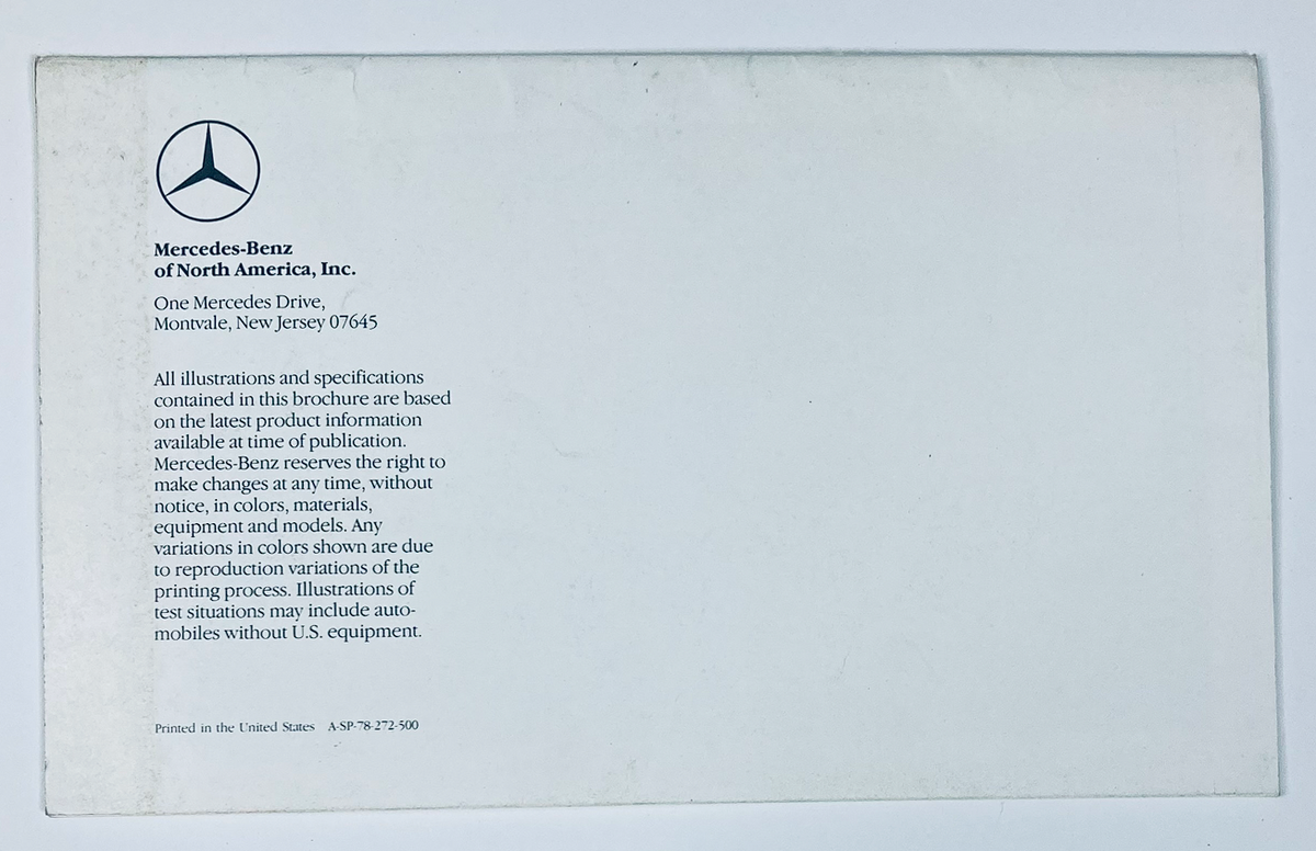 Back cover of the 1979 Mercedes Benz Dealer Showroom Sales Brochure Guide Catalog displaying the address of Mercedes-Benz of North America and additional product information.
