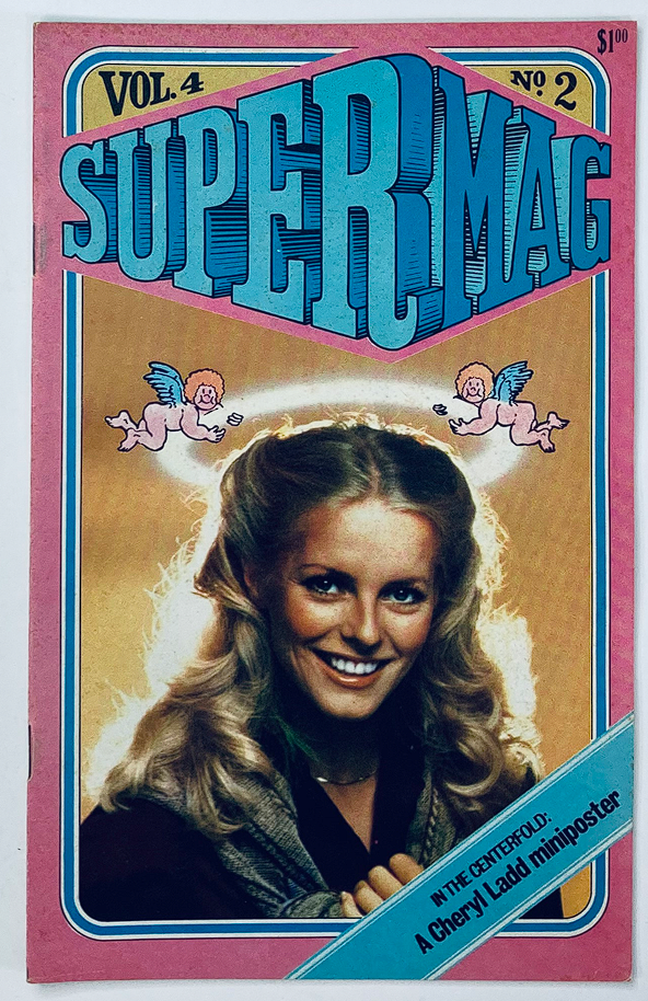 Cover of VTG SuperMag Magazine Vol 4 No. 2 featuring a smiling Cheryl Ladd. The magazine showcases bright colors and an illustrative design with cherubs and the title prominently displayed. A mini-poster of Cheryl Ladd is highlighted on the cover.