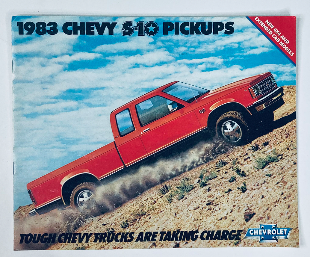 1983 Chevrolet S-10 Pickups Dealer Showroom Sales Brochure featuring a red truck on rugged terrain, showcasing new 4x4 and extended cab models, emphasizing the toughness of Chevy trucks.