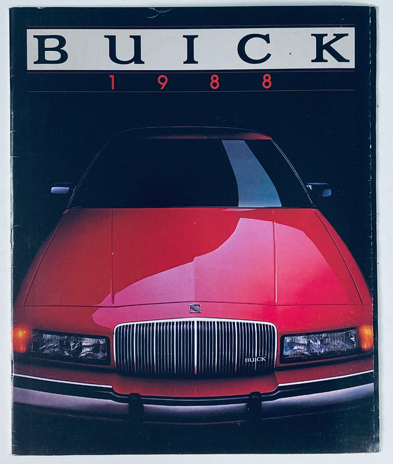 1988 Buick Dealer Showroom Sales Brochure Guide Catalog featuring a front view of a 1988 Buick car with a sleek design and iconic grille.