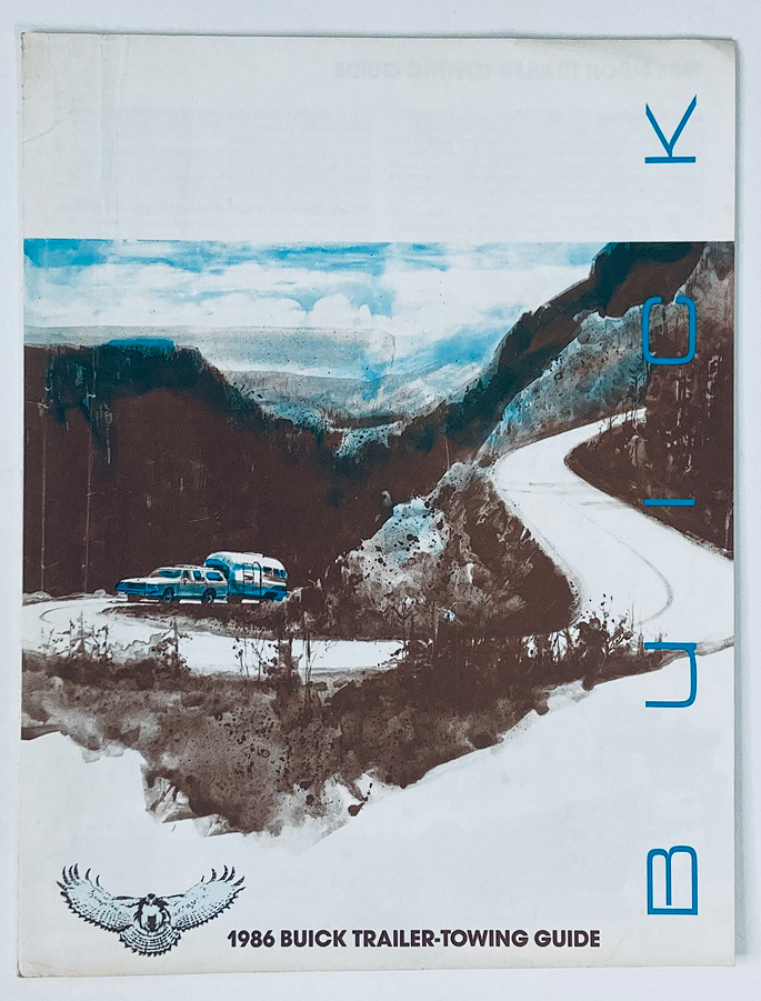 Cover of the 1986 Buick Trailer-Towing Dealer Showroom Sales Brochure showcasing a scenic road with vehicles, highlighting the features of Buick's towing capabilities.