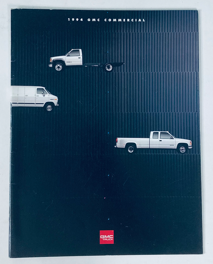 Cover of the 1994 GMC Commercial Dealer Showroom Sales Brochure Guide Catalog featuring three GMC vehicles on a dark background.