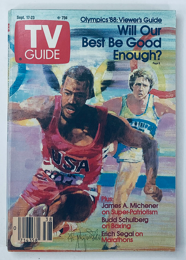 TV Guide Magazine from September 17, 1988, featuring James A. Michener on the cover, showcasing Olympic-themed artwork with athletes, discussing super-patriotism, boxing, and marathons. Vintage collectible magazine representing late 1980s television culture.
