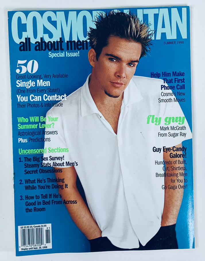 Cosmopolitan Magazine Summer 1998 featuring Mark McGrath on the cover, showcasing vibrant pop culture themes from the 90s with articles about relationships and lifestyle.