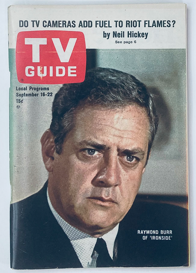 TV Guide Magazine September 16 1967 featuring Raymond Burr on the cover, discussing local programs and television culture of the late 1960s, Central Indiana edition.