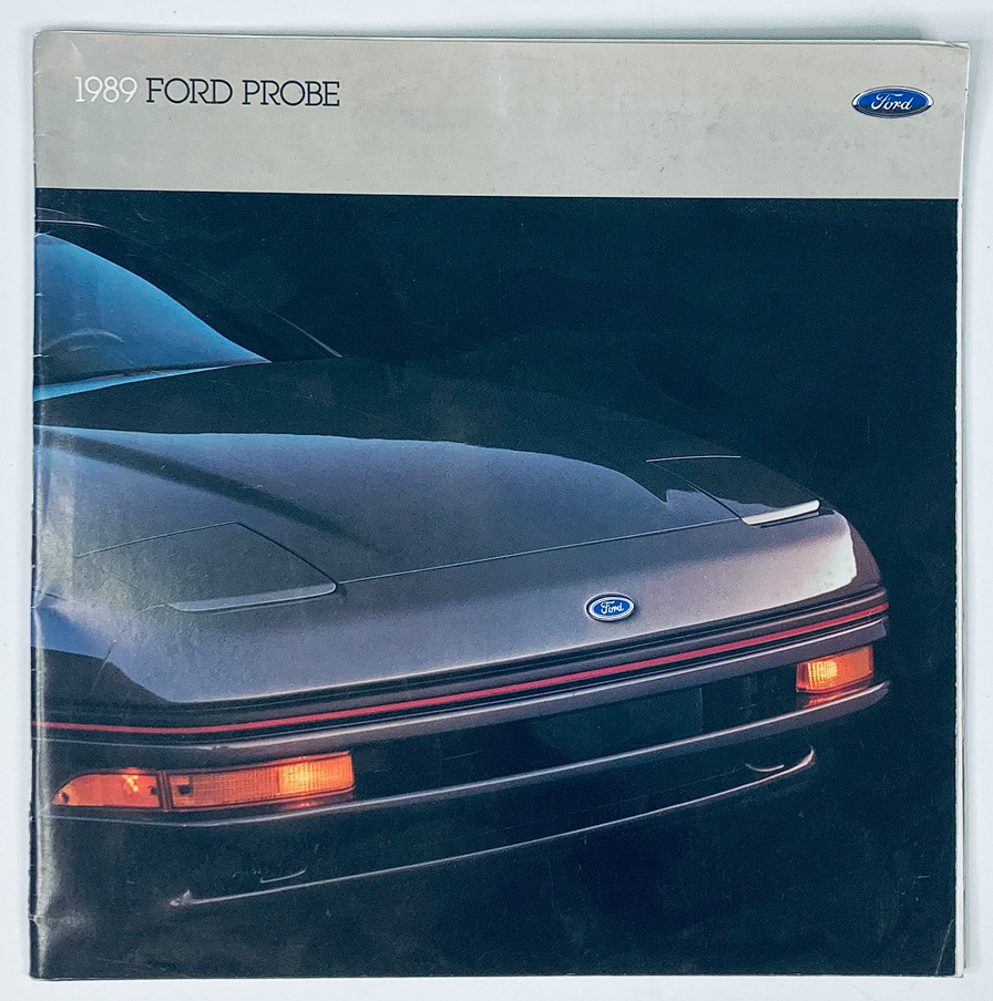 Cover of the 1989 Ford Probe Dealer Showroom Sales Brochure Guide Catalog featuring a sleek front view of the car with its distinctive headlights and Ford logo.
