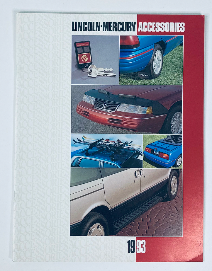 1993 Lincoln-Mercury Accessories Dealer Showroom Sales Brochure Guide Catalog featuring various vehicle accessories, including key fobs and decorative car accents.