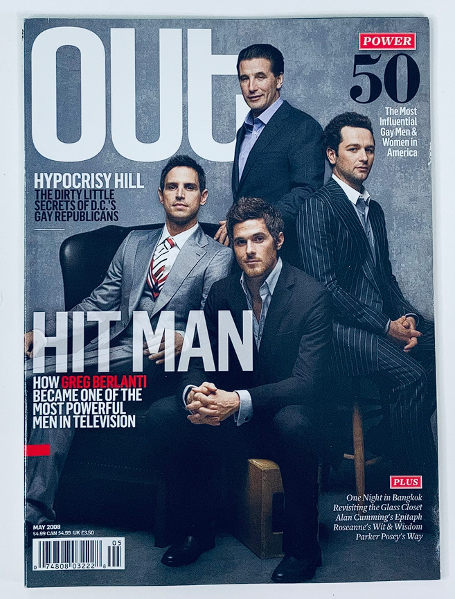 Out Magazine May 2008 No. 174 Greg Berlanti Cover featuring four men in formal wear, highlighting Greg Berlanti's influence in television.