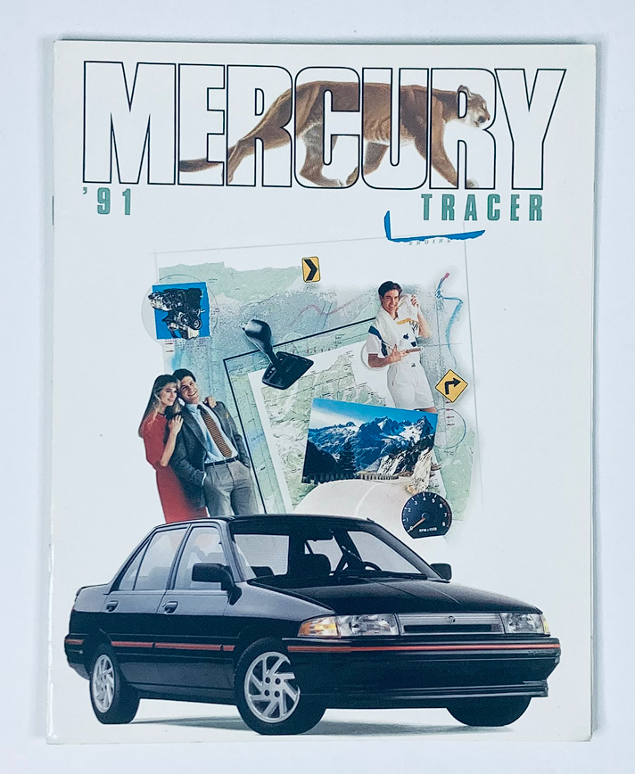 1991 Mercury Tracer Dealer Showroom Sales Brochure Guide Catalog featuring a black Mercury Tracer car, accompanied by graphics including maps and a scenic background, showcasing promotional content.