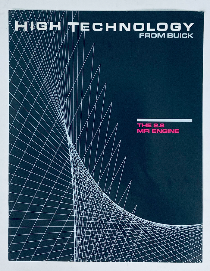 Cover of the 1986 Buick The 2.8 MFI Engine Dealer Showroom Sales Brochure, featuring a sleek geometric design with a high-tech aesthetic and the text 'HIGH TECHNOLOGY FROM BUICK' and 'THE 2.8 MFI ENGINE'.