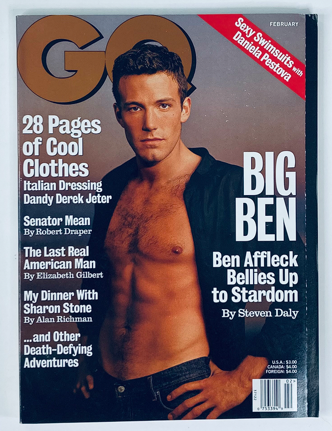 GQ Magazine February 1998 Vol 68 #2 featuring Ben Affleck on the cover. The cover displays bold text highlighting articles about fashion, culture, and celebrity, including a feature titled 'Ben Affleck Bellies Up to Stardom'. The image captures Ben Affleck posing with an intense expression, showcasing a vintage magazine aesthetic.