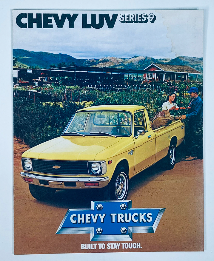1981 Chevrolet LUV Series 9 Dealer Showroom Sales Brochure featuring a yellow Chevy LUV truck in a scenic agricultural setting. The brochure includes the Chevy Trucks logo with the tagline 'Built to Stay Tough', showcasing the truck's rugged design and versatility.