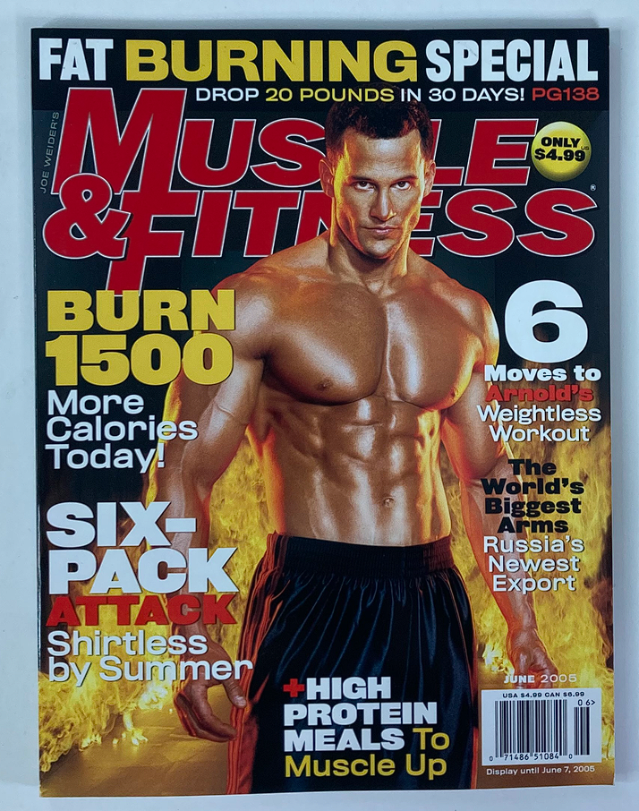 Muscle & Fitness Magazine June 2005 Vol 66 #6 featuring a male fitness model with a muscular physique, promoting a fitness lifestyle with a fiery background, highlighting the theme of strength and endurance training.