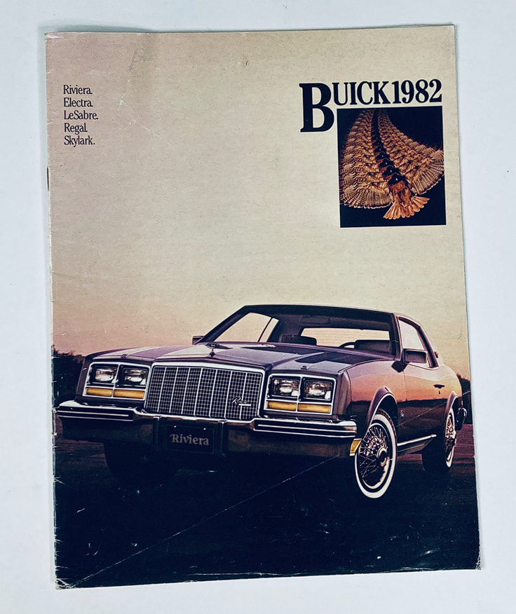 Cover of the 1982 Buick Rivera, Electra Dealer Showroom Sales Brochure Guide Catalog featuring a classic Buick vehicle in a sunset backdrop, showcasing the Rivera, Electra, LeSabre, Regal, and Skylark models.