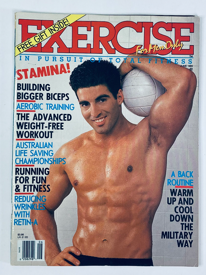 Cover of Exercise for Men Only Magazine May 1989 Vol 5 #3 featuring a muscular man holding a volleyball, showcasing topics on stamina, weight-free workouts, and fitness advice.