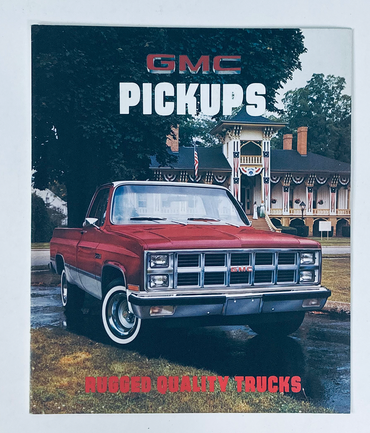 Cover image of the 1981 GMC Pickups Dealer Showroom Sales Brochure Guide Catalog featuring a classic red GMC pickup truck parked in front of a historic building adorned with decor.