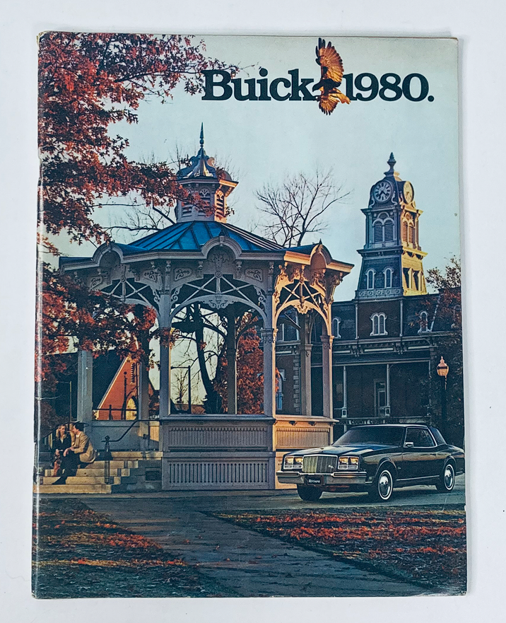 1980 Buick Car Dealer Showroom Sales Brochure with a picturesque gazebo and a classic Buick car, showcasing the elegance of the era.