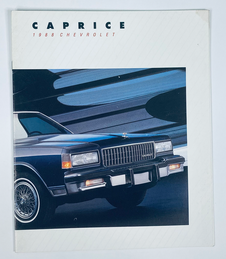 1988 Chevrolet Caprice Dealer Showroom Sales Brochure Guide Catalog showcasing a classic Chevrolet Caprice car design, featuring sleek lines and a stylish front profile, set against a dynamic background.