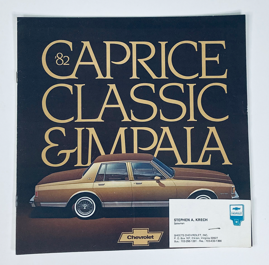 1982 Chevrolet Classic Impala Showroom Sales Brochure Guide Catalog featuring a side view of the Chevrolet Caprice Classic Impala with a stylized design background.