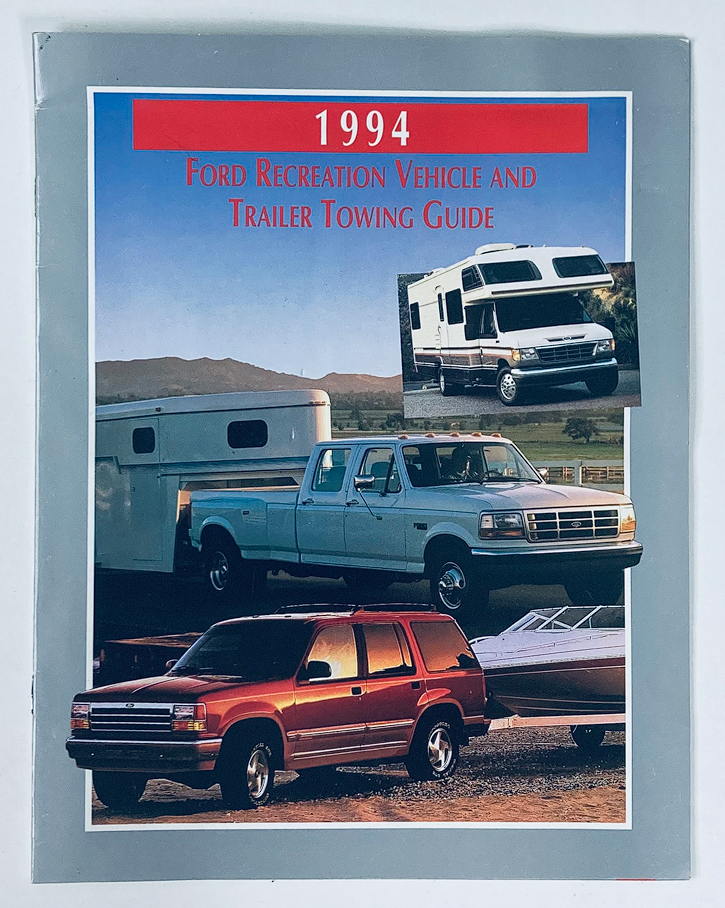 1994 Ford Trailer Towing Dealer Showroom Sales Brochure Guide Catalog featuring images of Ford vehicles including trucks and SUVs, set against a scenic backdrop.