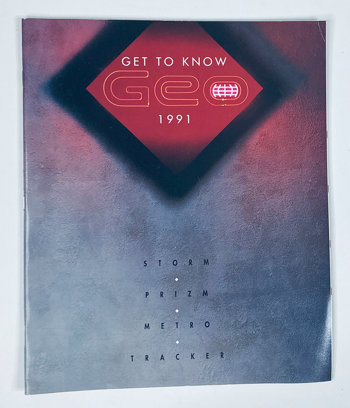 1991 Geo Storm, Prizm, Metro Dealer Showroom Sales Brochure Guide Catalog cover showcasing a gradient design with bold typography.