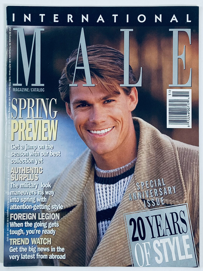 1995 International Male Magazine Catalog featuring Richard Skybird on the cover, showcasing a smiling male model dressed in stylish winter attire, highlighting 1990s men's fashion trends.