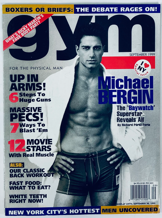 Cover of Gym for the Physical Man Magazine, September 1999 issue featuring renowned model Michael Bergin, highlighting fitness articles and health trends of the late 1990s. The cover includes topics such as muscle-building tips and nutritional advice.
